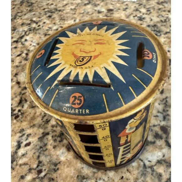 1930's Tin Coin Bank with Images of Children with Money  Made In USA - Picture 2 of 7
